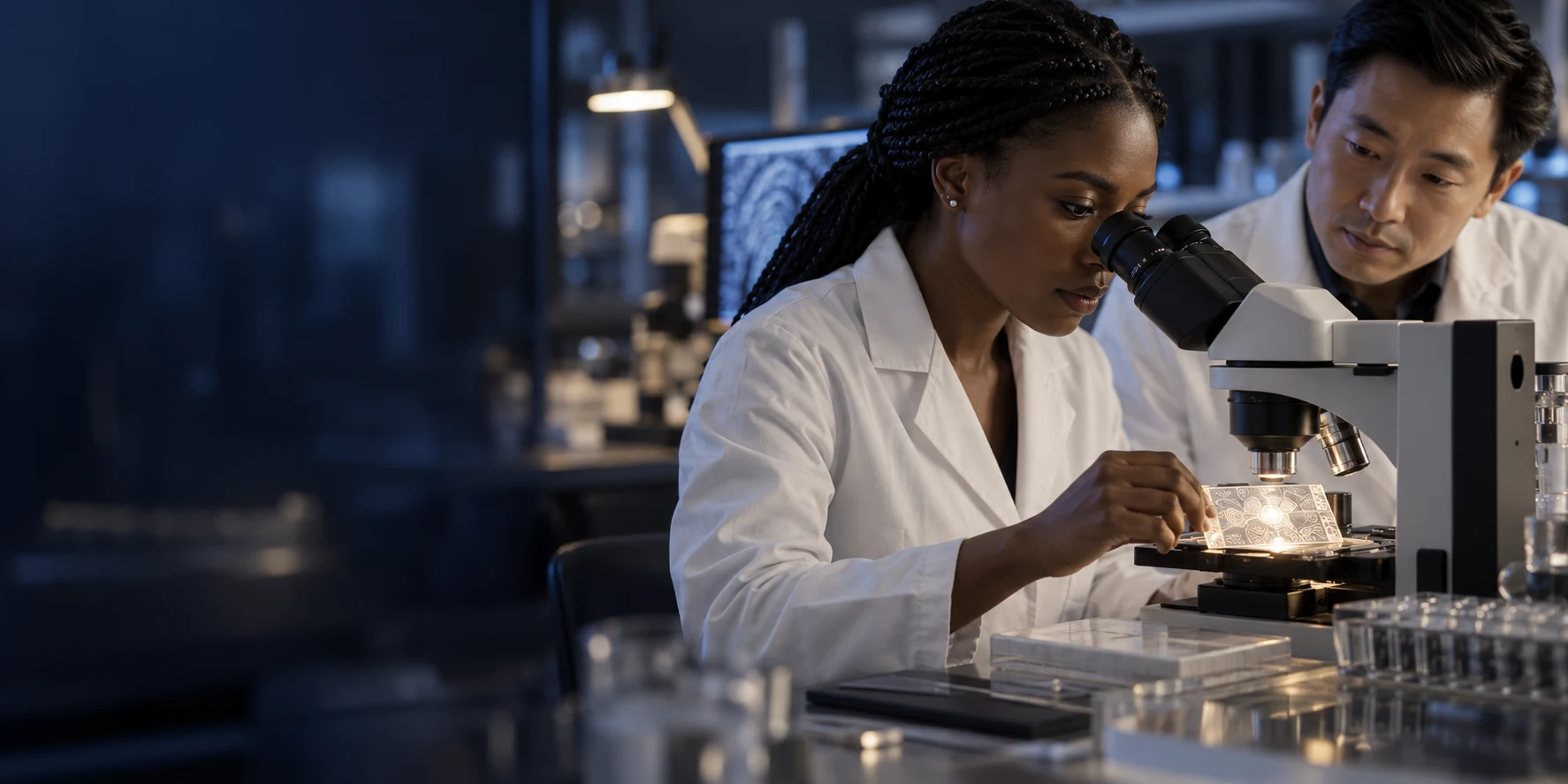 Scène illustrative : deux scientifiques examinent un spécimen de sécurité au laboratoire